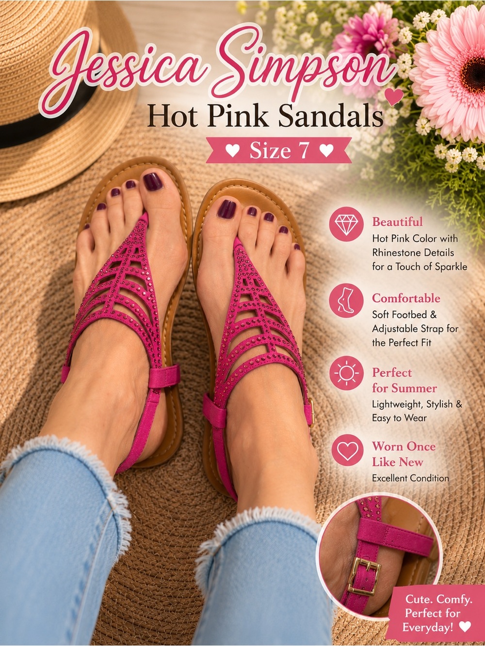 Jessica Simpson Hot Pink Rhinestone T-Strap Sandals